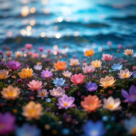 Colorful water lily flowers blooming on the lake with sunset backgroundの素材