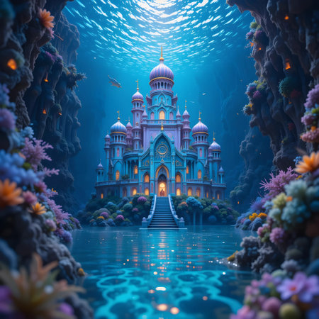 Fantasy underwater world with a beautiful temple in the ocean. 3d renderingの素材