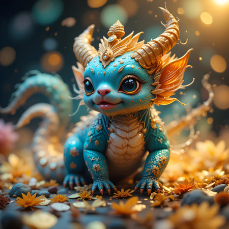 dragon with autumn leaves and bokeh background. 3d illustrationの素材