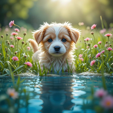 Cute puppy in the water. Puppy in the garden.の素材