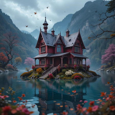 Wooden house on the mountain lake in the autumn. 3d renderの素材