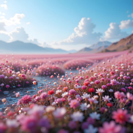 Pink flower field in the morning at Pangong Lake, Mae Hong Son, Thailandの素材
