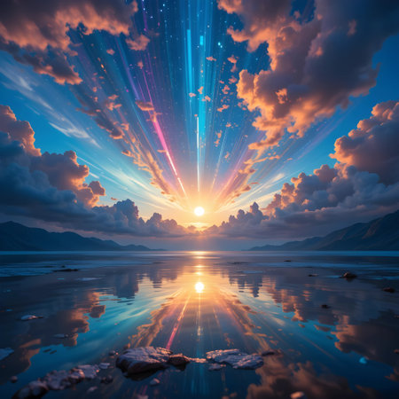 Beautiful sunset over the lake with reflection in water. 3d renderingの素材