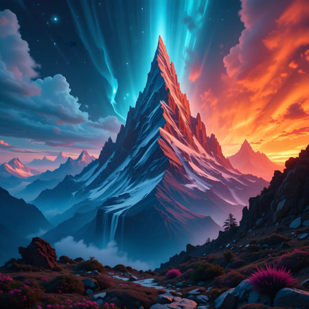 Fantasy landscape with mountain peak and blue sky. Vector illustration.の素材