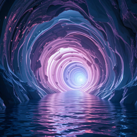 Futuristic tunnel with light in the water. 3d renderingの素材