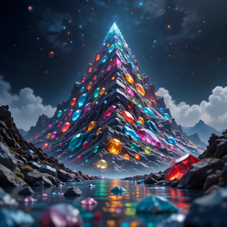 Christmas tree made of colorful christmas baubles on dark backgroundの素材