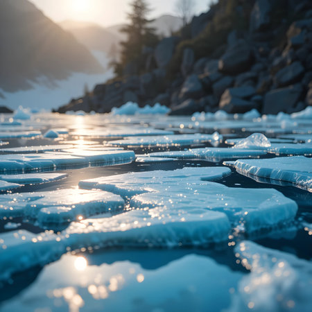 Ice floes on a frozen lake in the mountains at sunset.の素材