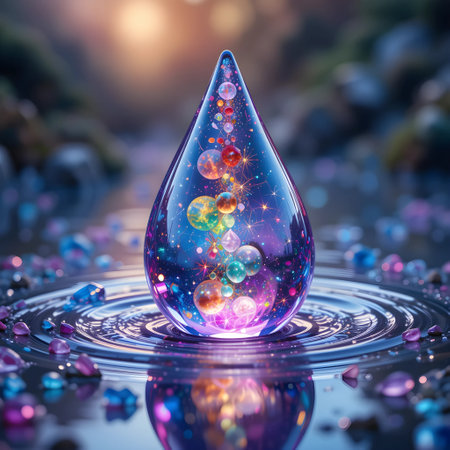 Water drop with colorful bokeh effect. 3D Renderingの素材