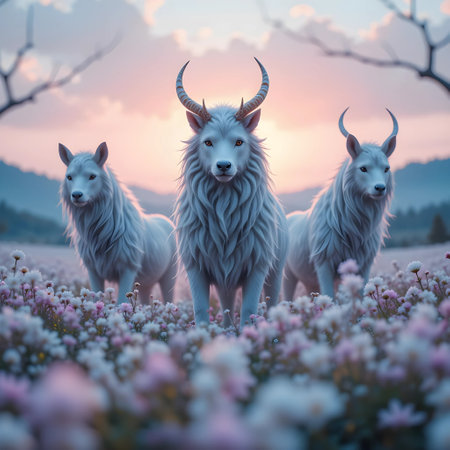 Three white sheep with horns standing in a field of flowers.の素材