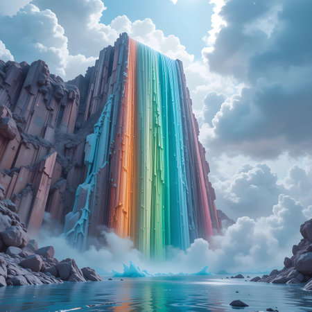 Fantasy landscape with mountains and a waterfall. 3D rendering.の素材