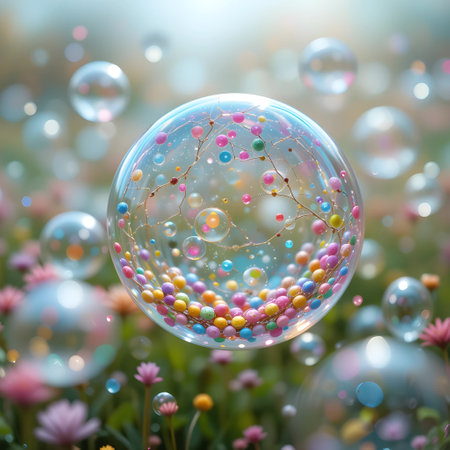 Soap bubbles in the garden with flowers and green grass background.の素材