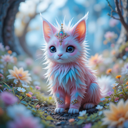 Cute little kitten with blue eyes in a fairy tale forest.の素材