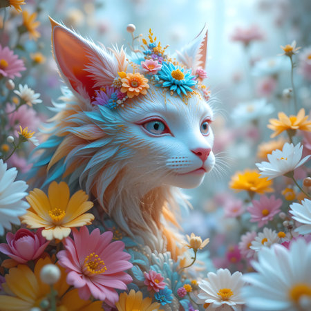 Cute cat with flower wreath on head in summer meadowの素材