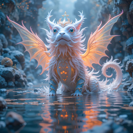 3D rendering of a fairy tale dragon with water reflections on the surfaceの素材