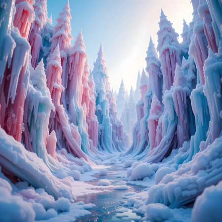 Fantasy winter landscape with frozen river and snow covered trees. 3d illustrationの素材