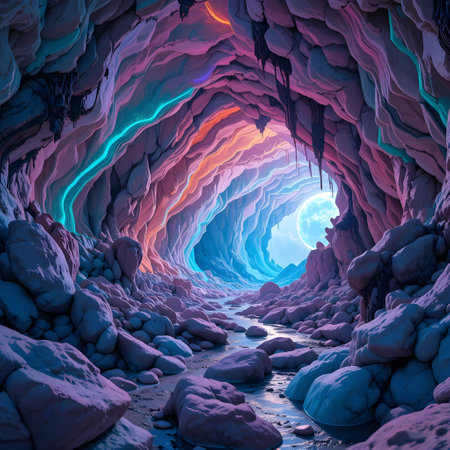 Fantasy alien cave. 3D illustration. Fantasy colorful background.の素材
