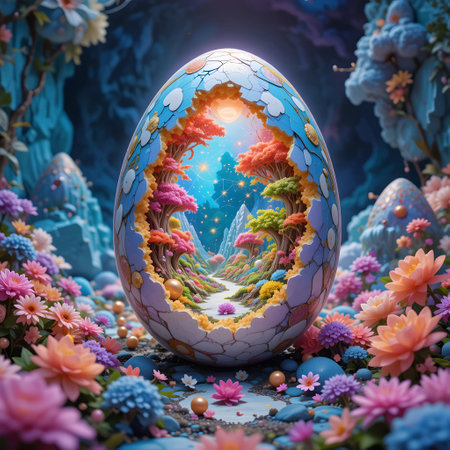 Easter egg with spring flowers. 3D illustration. Copy space.の素材