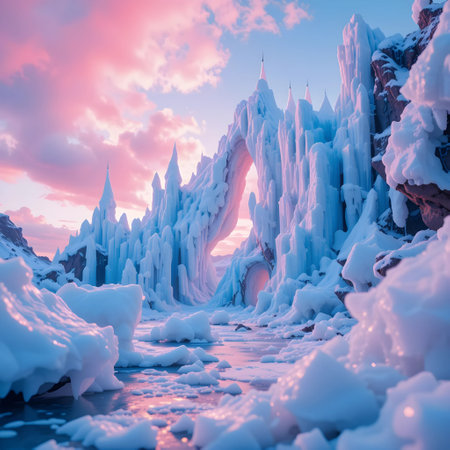 Ice formations in Lake Baikal at sunset, Siberia, Russiaの素材