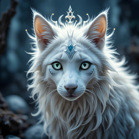 Fantasy portrait of a white cat with blue eyes. 3d renderingの素材