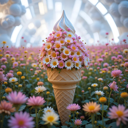 Ice cream in a waffle cone with flowers in the garden.の素材