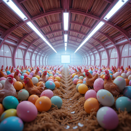 Easter eggs and chickens in the egg farm. 3d renderingの素材