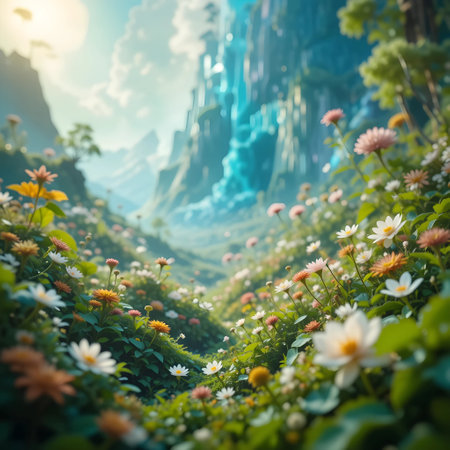 Fantasy landscape with mountains and flowers. Fantastic image of fantasy world.の素材
