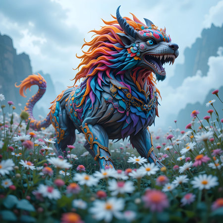 3d rendering of a fantasy dragon in the meadow with flowersの素材