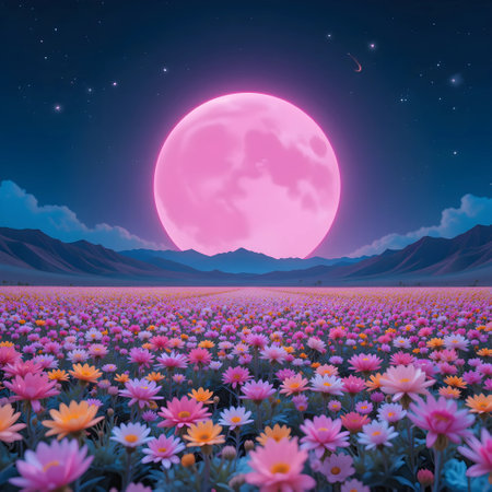 colorful flower field with full moon at night, 3d renderingの素材