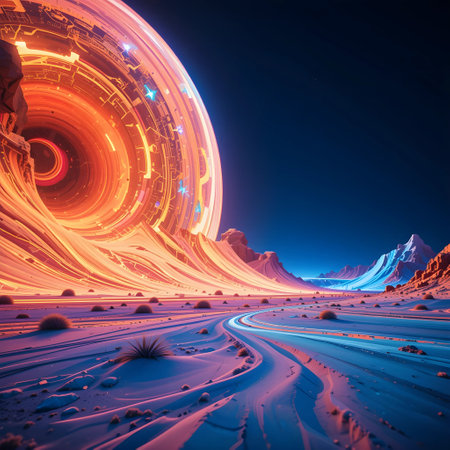 Futuristic landscape with mountains and neon lights. 3d renderingの素材