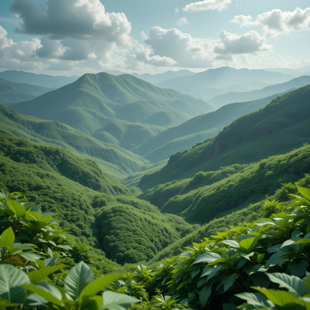 Beautiful view of green mountains and blue sky with white clouds.の素材