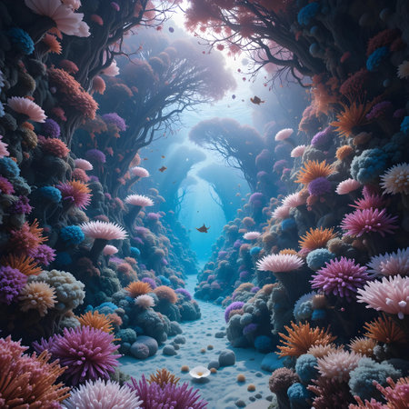 Underwater world. 3D render of a beautiful coral reef.の素材
