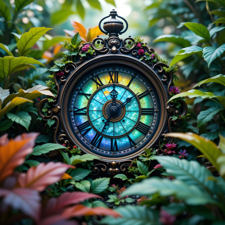 Antique clock in the garden. Vintage style. Selective focus.の素材