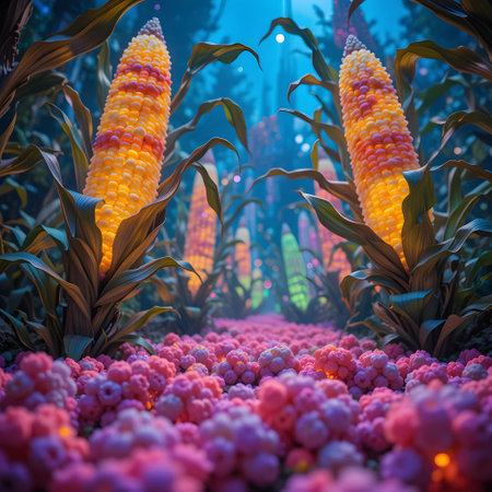3D rendering of a corn field in the night, illuminated by neon lightの素材