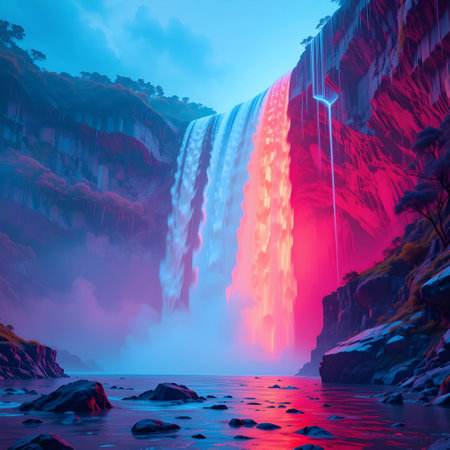 Fantasy landscape with waterfall. 3D illustration. Wallpaper.の素材