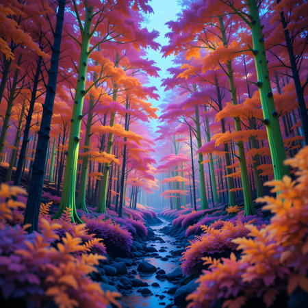 Fantasy forest landscape with a path in the middle, 3d renderの素材