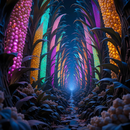 Fractal 3D Illustration of a Glowing Tunnel of Flowersの素材