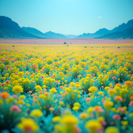 Flower meadow with mountains in the background. 3d renderingの素材