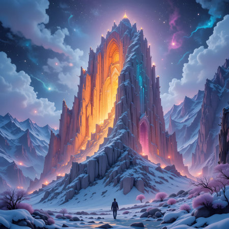 Fantasy landscape with a man standing on the top of the mountain.の素材