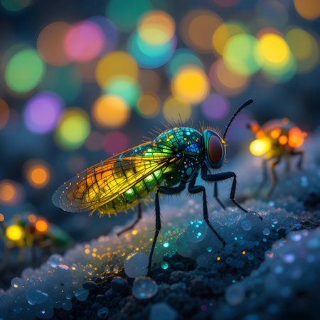 Macro shot of a blue fly in the snow with bokeh backgroundの素材
