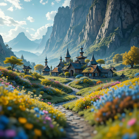 Landscape with fantasy castle in the middle of the field. 3d renderの素材