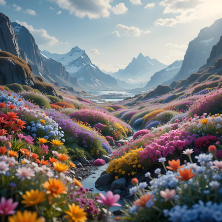 Fantasy landscape with flowers and mountains. 3d render illustration.の素材