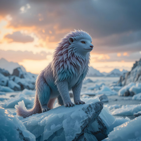 White polar bear stands on a piece of ice against the background of a beautiful sunsetの素材