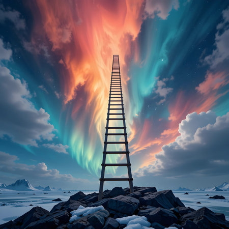 Ladder leading to the sky. 3D render. Nature composition.の素材