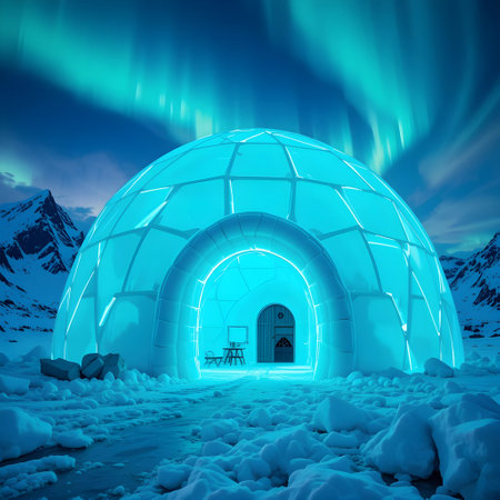 3d rendering of an igloo in the snow with a blue backgroundの素材