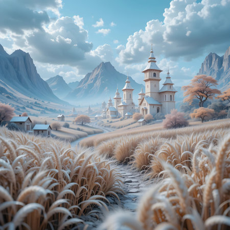 Fantasy landscape with a church in the meadow. 3d renderの素材