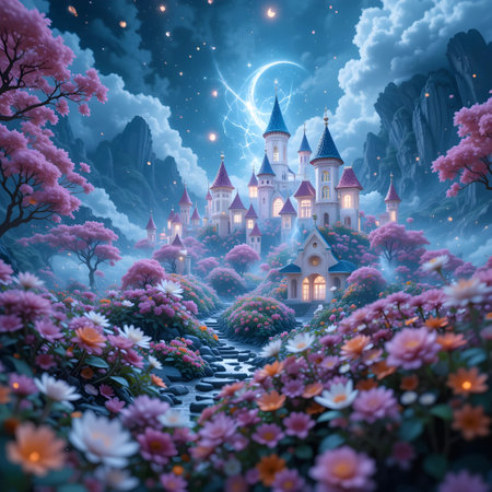 Fantasy landscape with fairy tale castle in fantasy forest. 3d renderingの素材