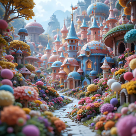 Fantasy landscape with fantasy castle and colorful flowers in the garden.の素材