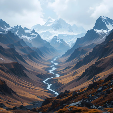 Mountain landscape with snow capped peaks and blue river. 3d renderの素材
