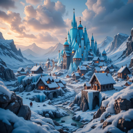 Fantasy fairy tale castle in the snowy mountains. 3d renderingの素材