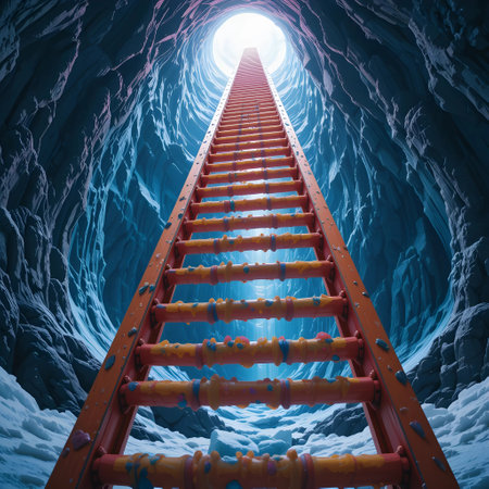 Ladder to the light in the blue cave. 3D renderingの素材